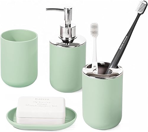 Juego de 4 accesorios de baño de estilo sólido (verde), dispensador de jabón de plástico y soporte para cepillos de dientes, jabonera y taza de