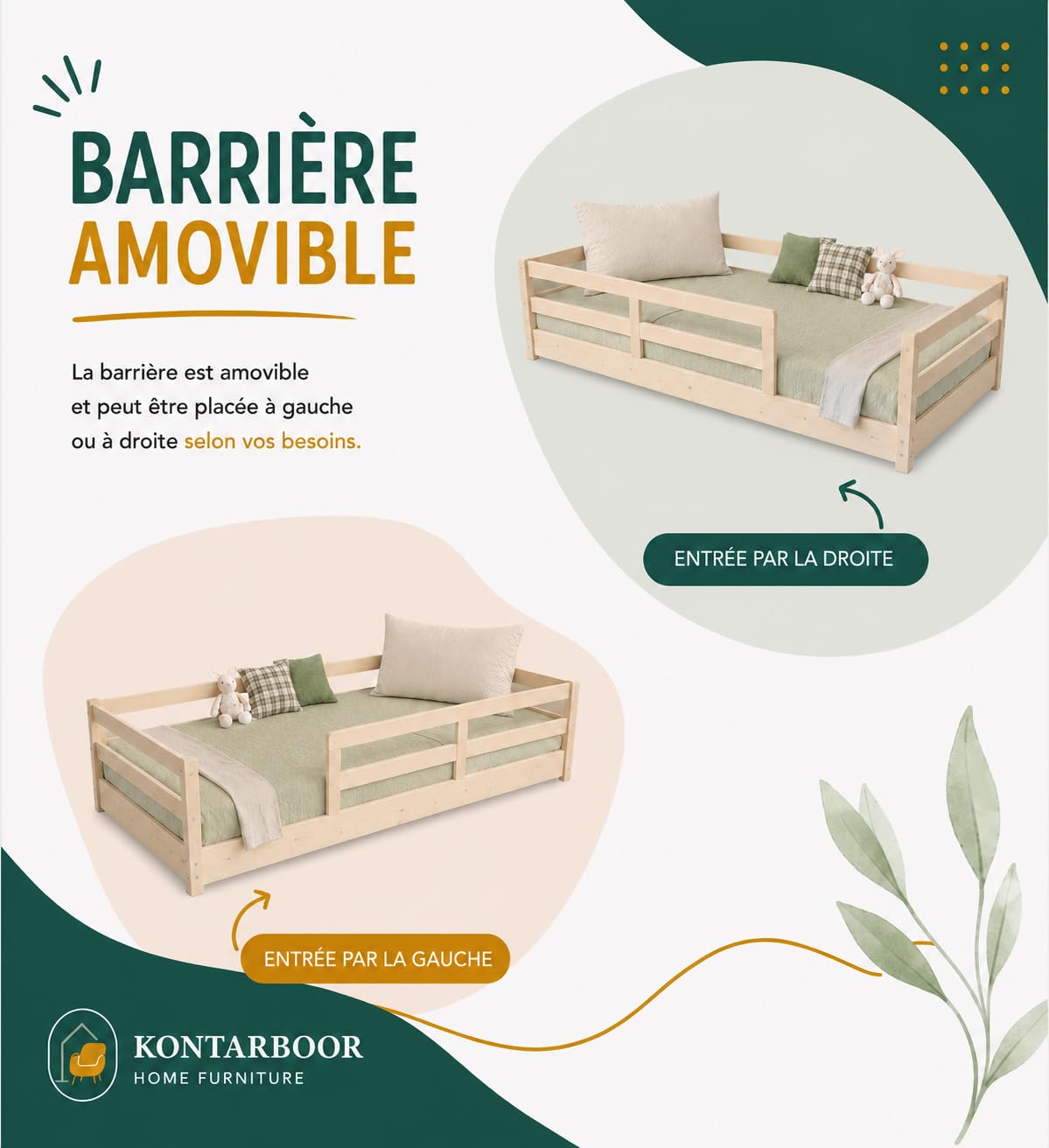 KONTARBOOR Cama infantil de 90 x 190 cm con barreras de seguridad – Montessori- Cama en el suelo de madera maciza natural – Estilo escandinavo mixto niña y niño – Somier incluido – Habitación infantil