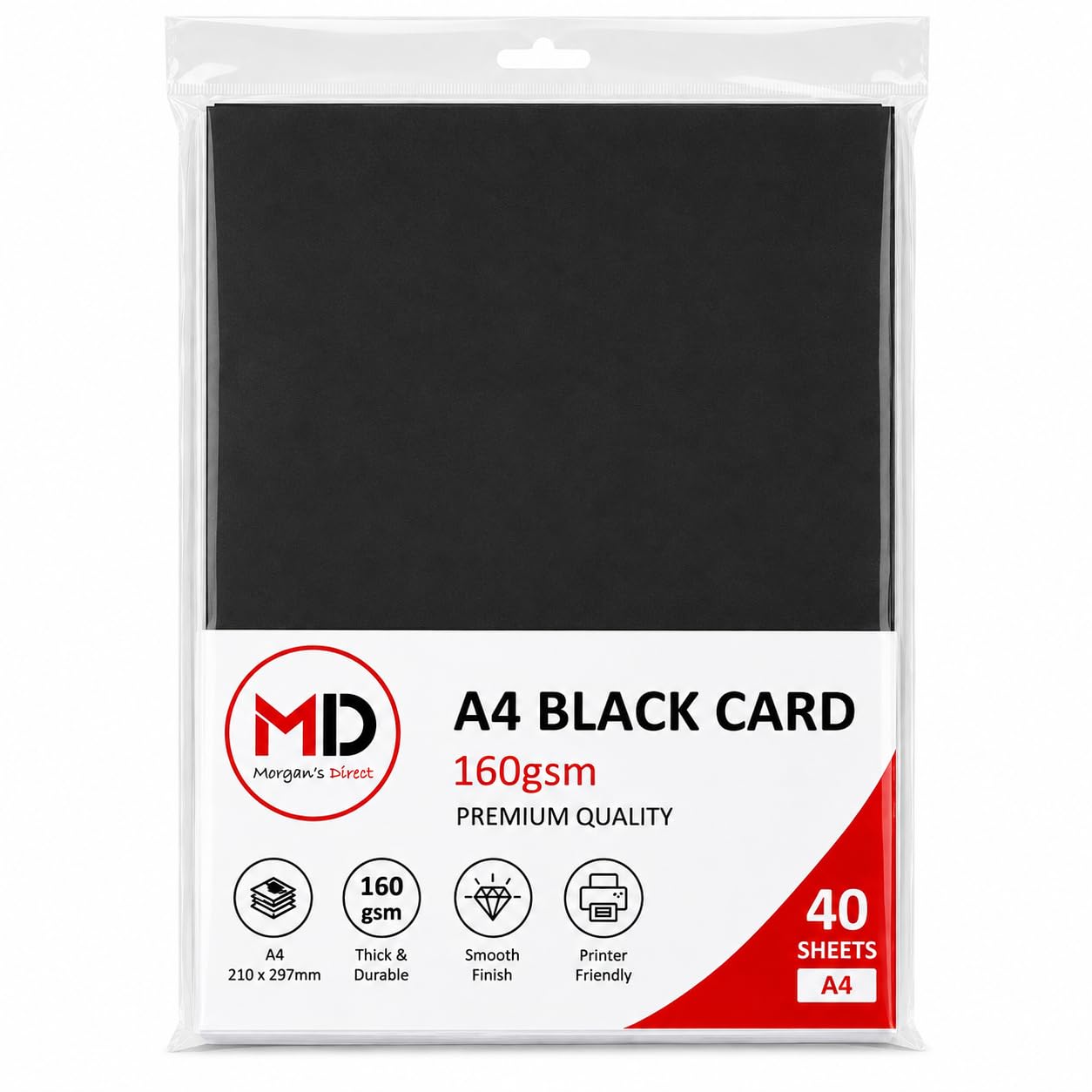 Morgan's Direct A4 Black Card 160gsm – Pack of 40 Sheets | Premium Paper for Printing, Arts & Crafts, Card Making, School, Office, Invitations, Posters & DIY Projects