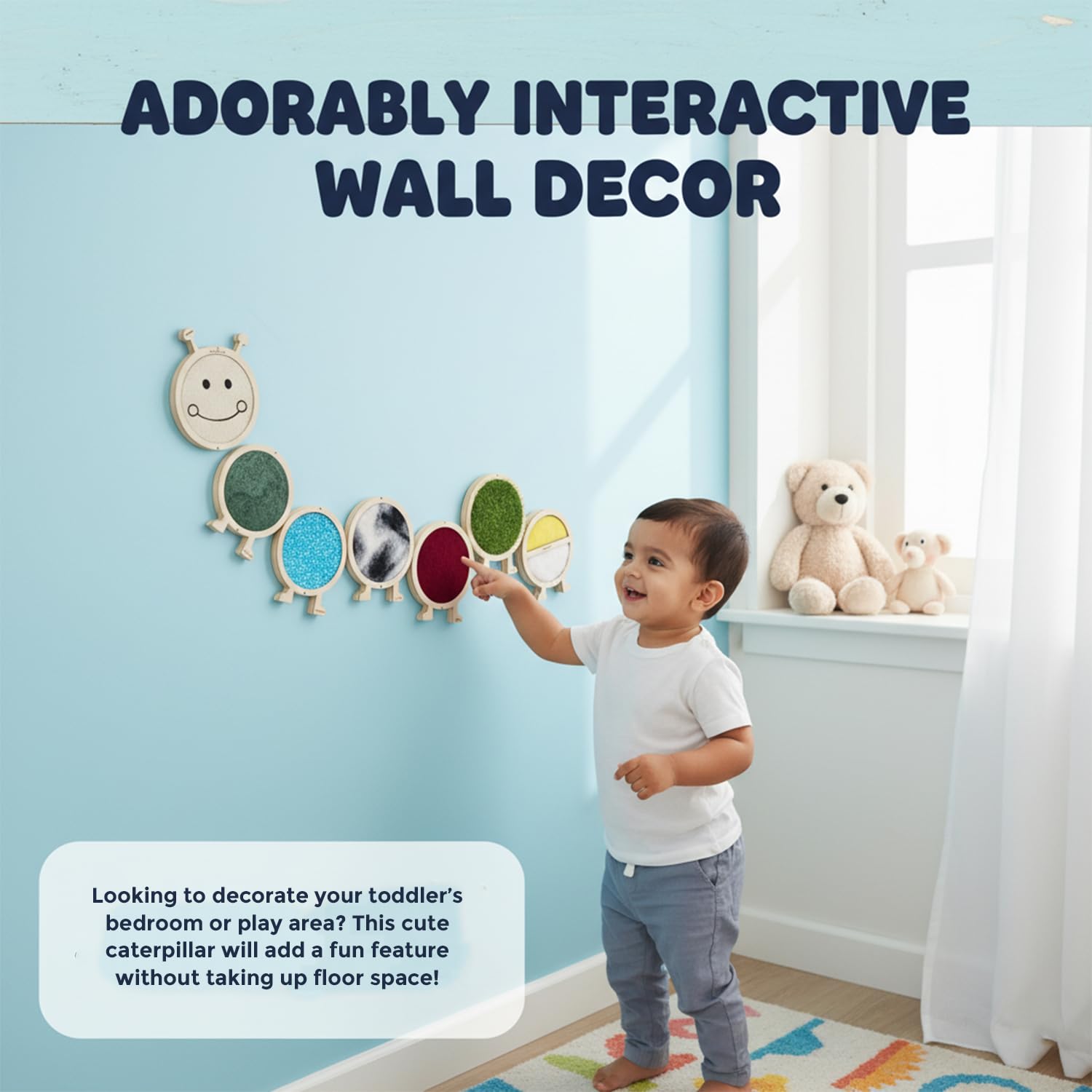 The Funny Mind Caterpillar Woolly Sensory Wall for Kids and Toddlers with 7 Different Fabrics and Material (Rough, Prickly, Sparkly, Furry, Softy, Grassy, and Squishy) - 72 Inch 1