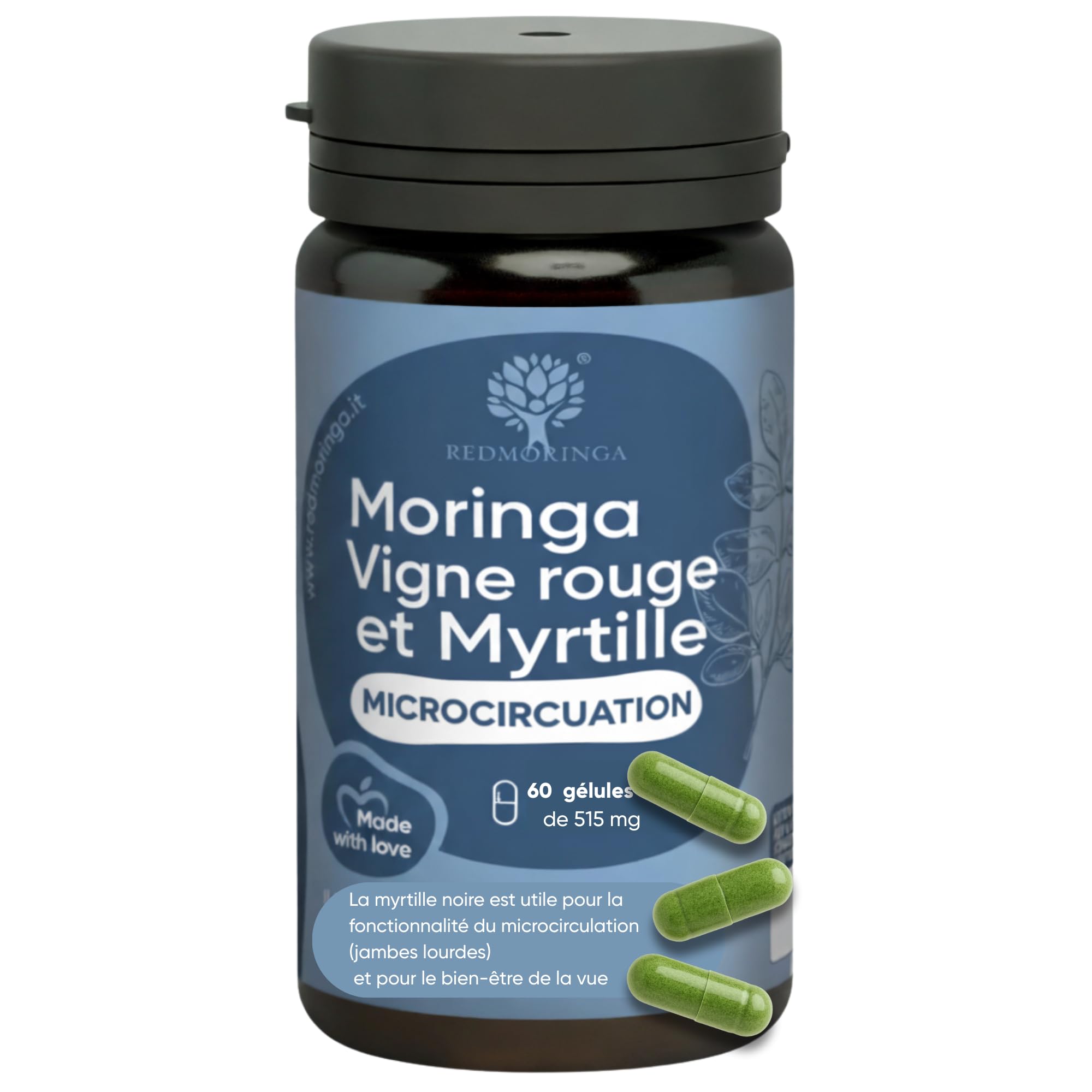 RedMoringa - Supplément Anti Jambes Lourdes & Circulation Sanguine - avec Moringa et Myrtille Noir - Jambes Légères, Drainage Naturel - 100% Naturel - 60 Gélules Végétales