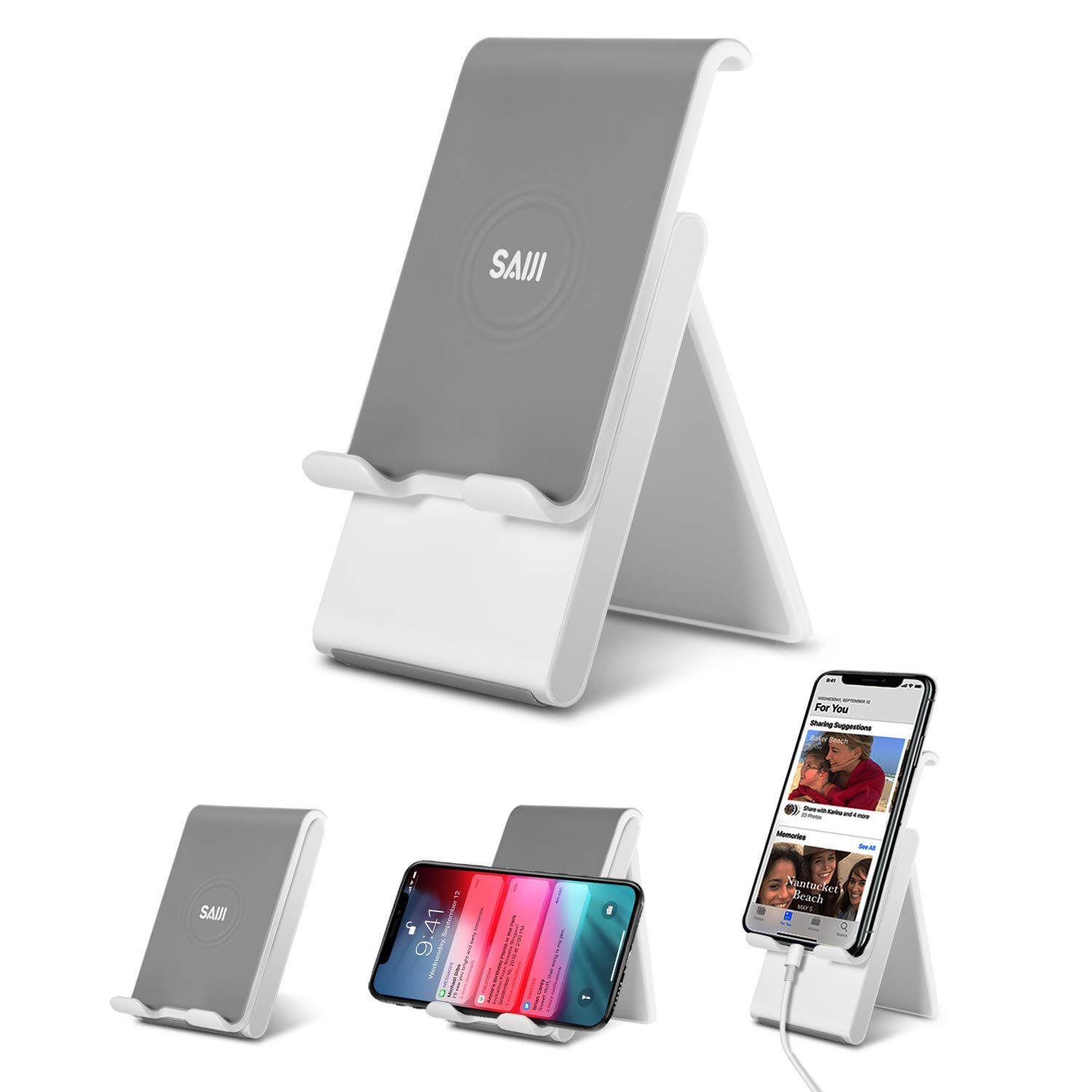 SAIJI Cell Phone Stand, Adjustable Cellphone Stand Foldable Phone Holder for Desk with Anti-Scratch Base and Convenient Charging Port Compatible Universal Smartphones - Gray