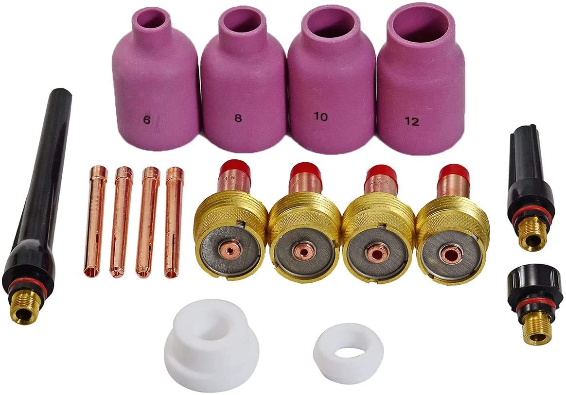 RIVERWELDTIG Gas Lens 45V116 10N23 1.6mm 45V64 10N24 2.4mm 995795 10N25 3.2mm 45V63 54N20 57N75#6 57N74#8 53N88#10 53N87#12 Back Caps Fit QQ300 PTA DB SR WP 17 18 26 TIG Welding Torch 17pcs