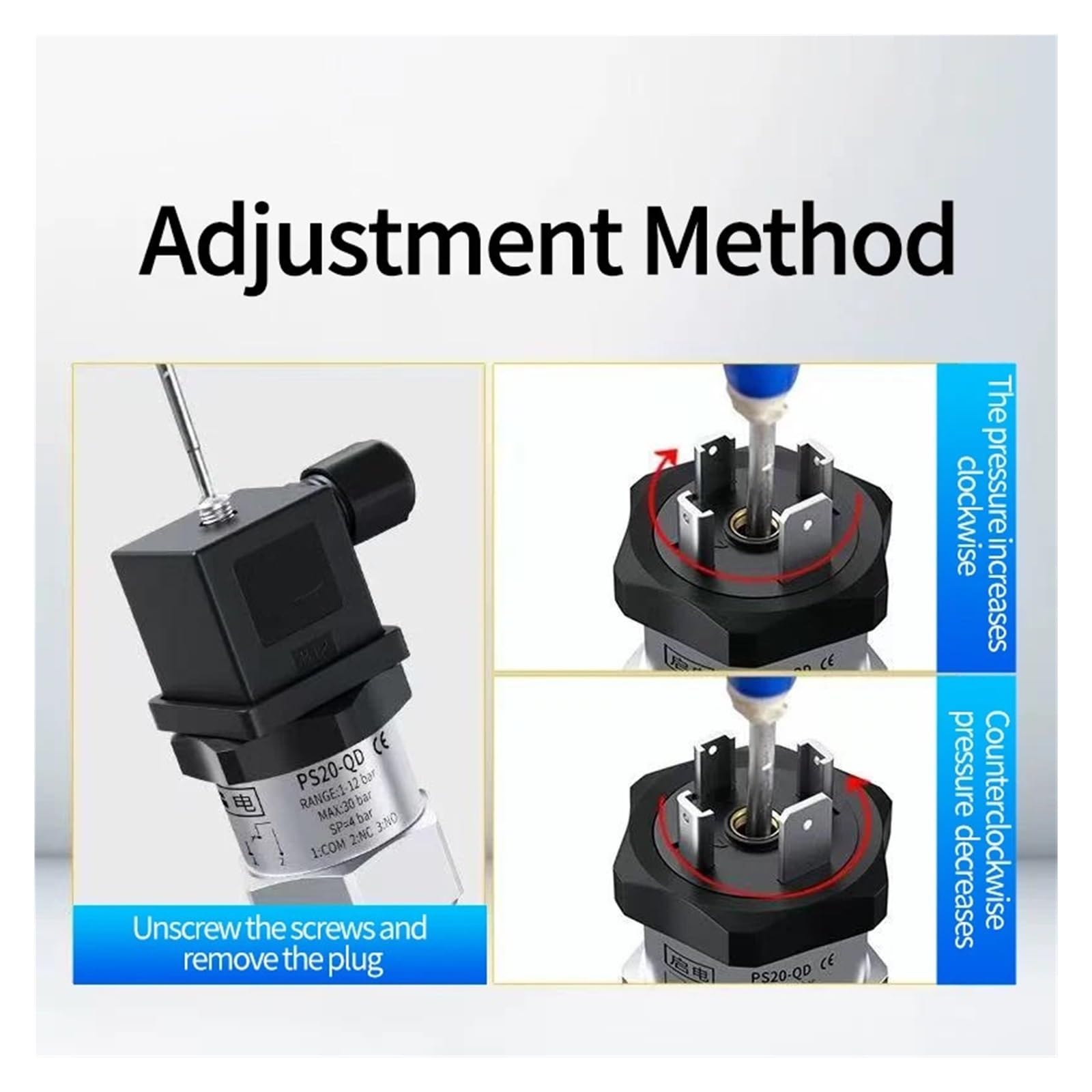 Presostato Ajustable de 0 a 400 Bar, 30 Bar, pistón de diafragma de Acero Inoxidable, Control de presión for Aceite y Agua.(7)