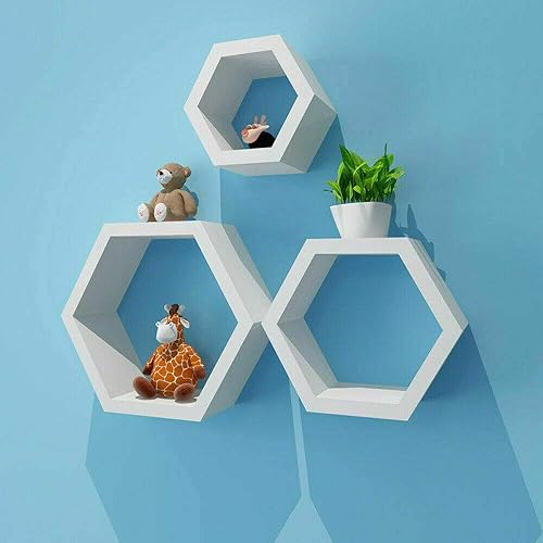 CNCEST Estantes flotantes con forma hexagonal de 3 piezas, soporte de exhibición de decoración de forma hexagonal, estantes de pared de madera