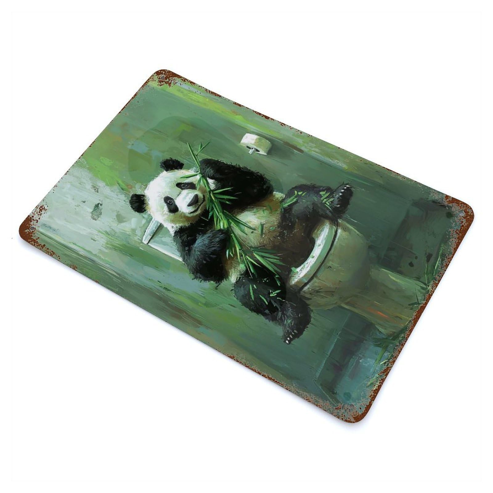 Decorative Tin Sign with Panda on Toilet Design 11.8"x7.9", for Garage, Bar And Workshop Decor, Farmhouse Wall Decor