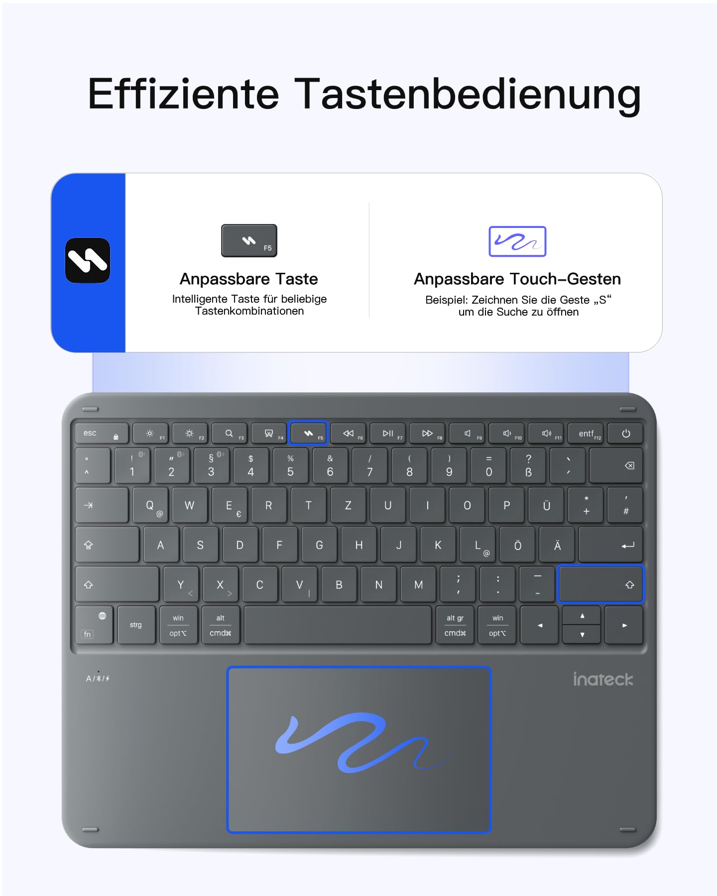 Inateck leichte Bluetooth-Tastatur, großes Touchpad, große Tasten | 3 Bluetooth-Kanäle, QWERTZ, kompatibel mit iPad, Tablets, Windows, Laptops & PCs