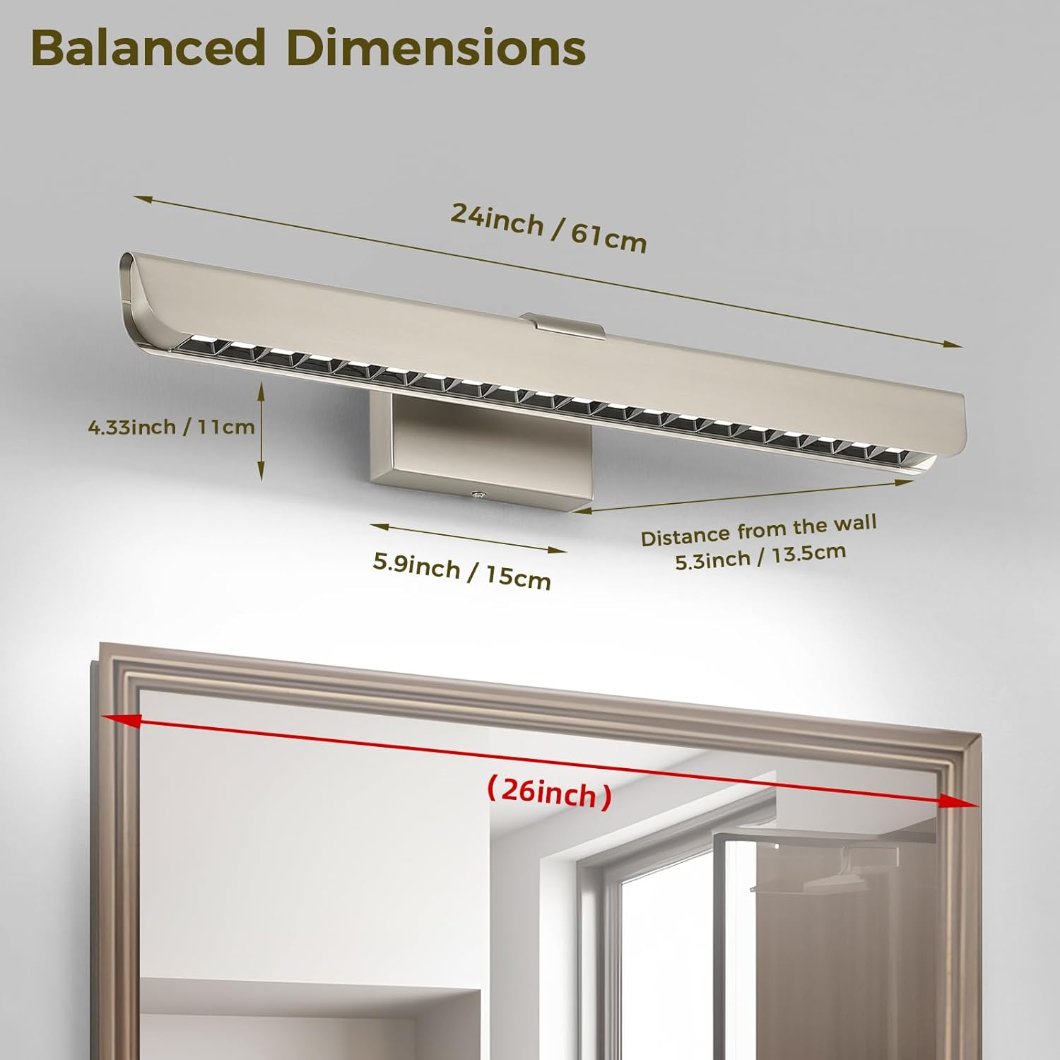 Bathroom Vanity Light, 24 Inch Modern Dimmable LED Vanity Lights for Bathroom Over Mirror, Brushed Nickel Linear Wall Sconce Lighting Fixtures with Acrylic Lens, 14W 5500K Cool White