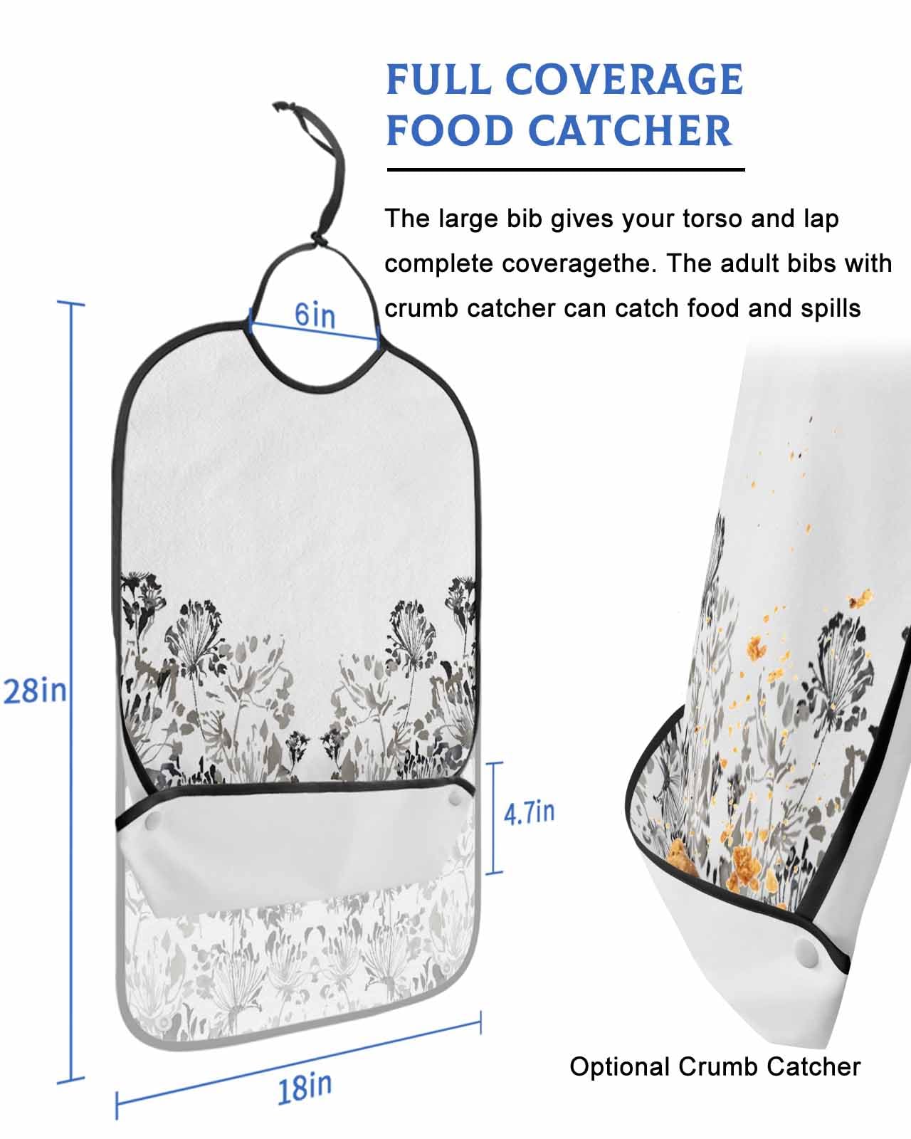 LEOKOTI Black Grey Botanical Adult Bibs for Eating, Waterproof Bibs with Food Catcher & Adjustable Snap Closure, Pastoral Spring Floral Elegant Washable Clothing Protectors Adult Bibs for Elderly