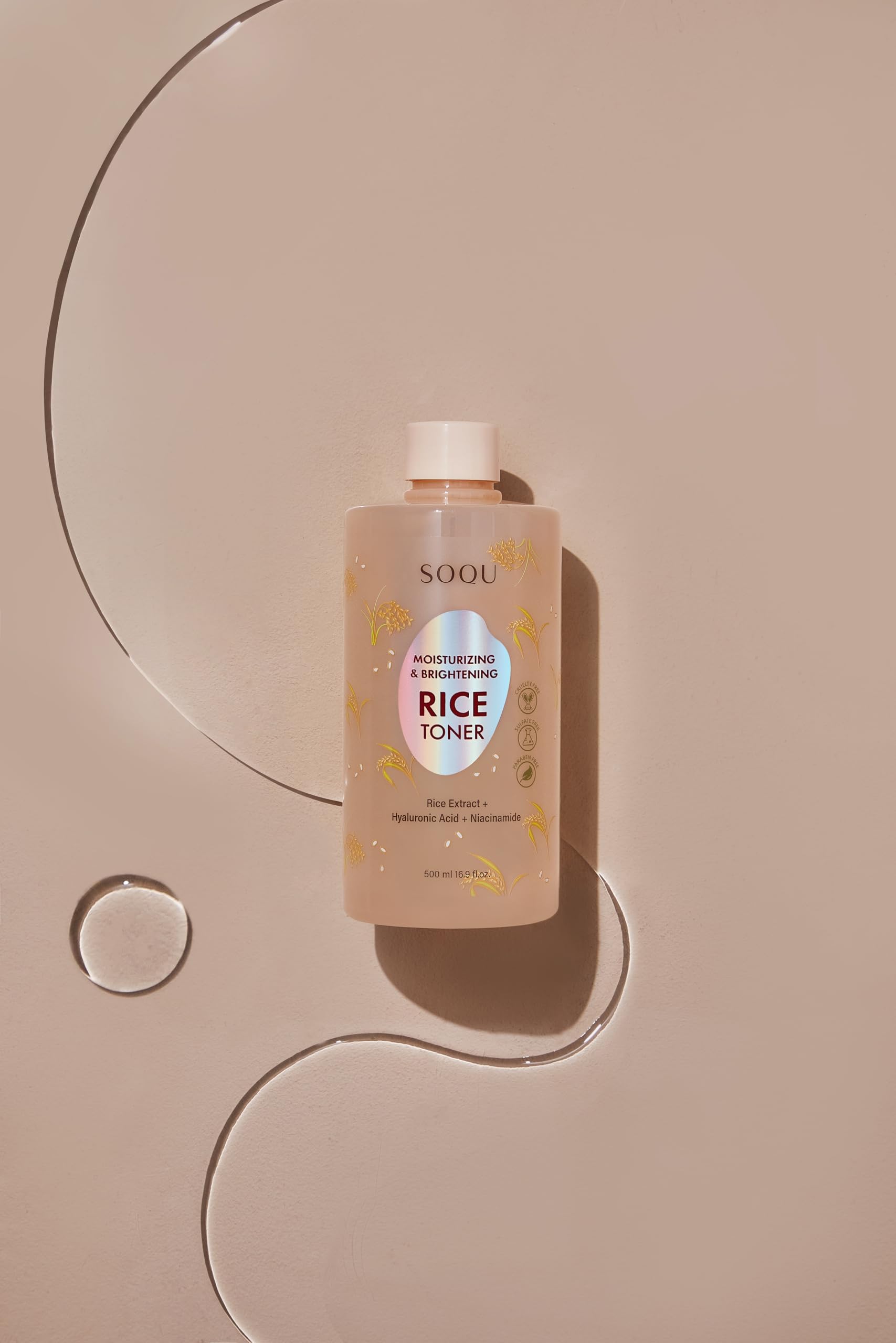 SOQU Moisturizing and Brightening Rice Toner - Enriched with Rice Extract, Niacinamide, and Hyaluronic Acid - 500ml / 16.9fl oz - Made in Korea