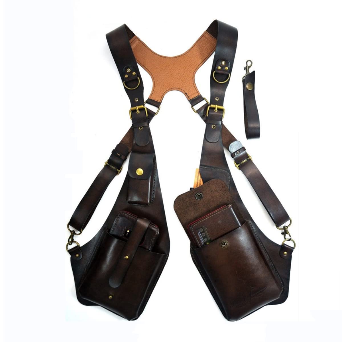 Medieval PU Leather Hidden Underarm Shoulder Bag Men's Retro Strap Underarm Double Shoulder Bag Adjustable Hidden Holster Bag, Outdoor Cell Phone Bag Wallet for Men and Women,Brown