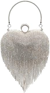 Women Luxury Cute Heart Shape Tassel Evening Clutch Bag Rhinestones Wedding Party Purse Handbag (Silver)