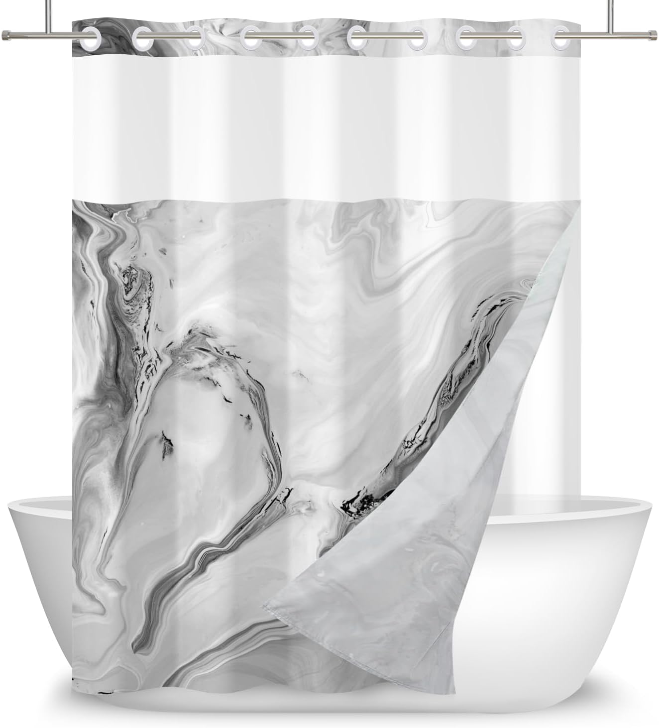 DASHAN No Hook Shower Curtain with Snap in Liner, Grey Marble Shower Curtains for Bathroom, Abstract Modern Luxury Texture Bathroom Curtain Hotel Fabric Bath Curtains 71"x74"