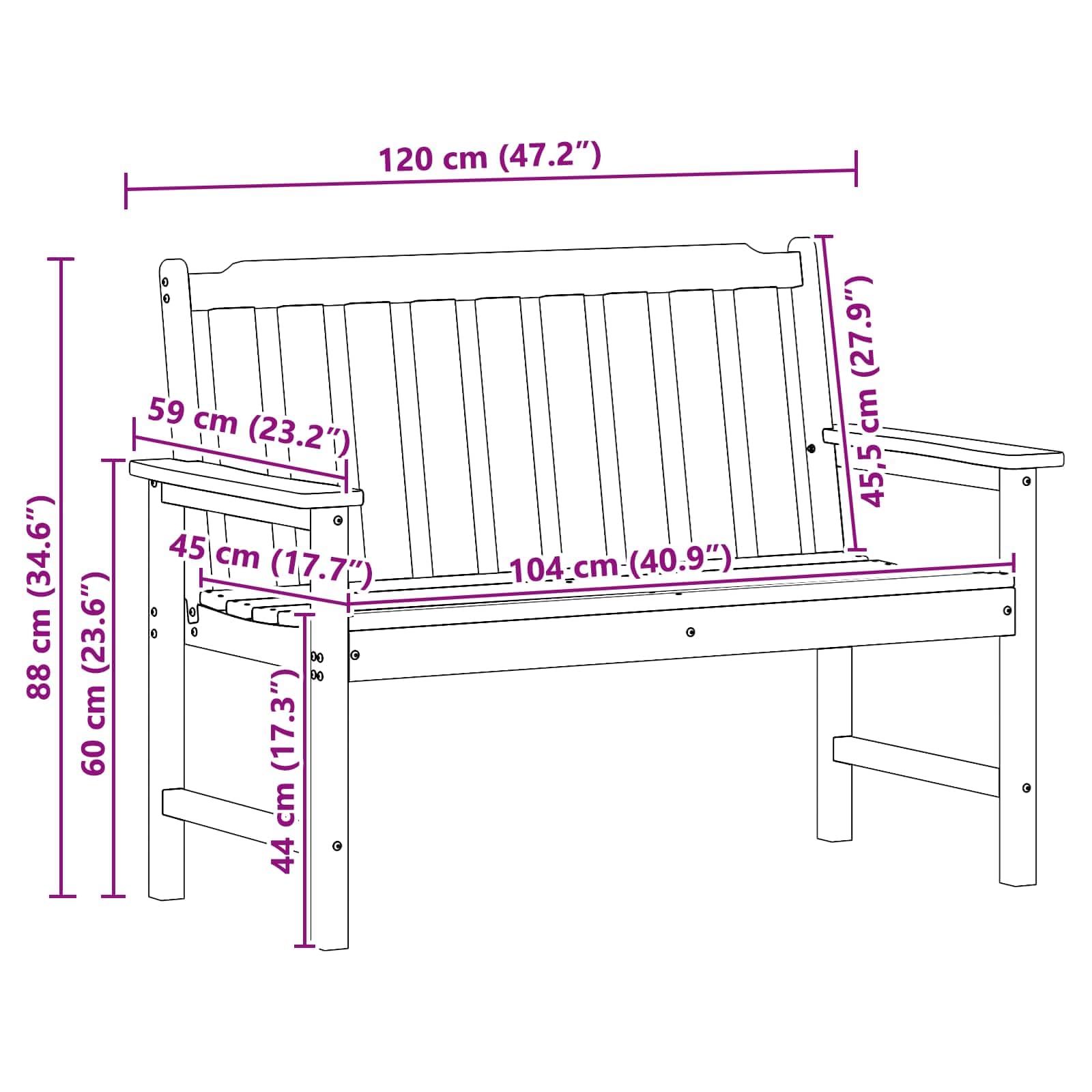 Banco de jardín Resistente de 120 x 59 x 88 cm en HDPE para Exteriores con Capacidad para 2 Personas, Ideal para terrazas, Patios y Espacios de Ocio al Aire Libre