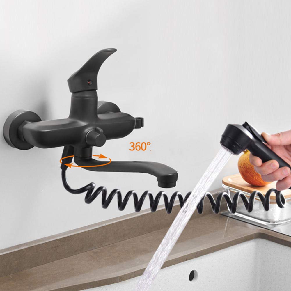 XANAYXWJ Grifos de Cocina montados en la Pared Grifo Mezclador para Fregadero de Cocina Giratorio de latón con Doble Orificio, frío y Caliente, Negro, con Pistola rociadora, Grifo de baño-25 cm (20