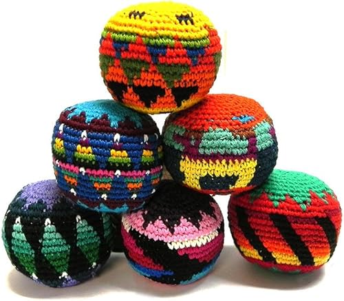 Mia Jewel Shop Crochet Hacky Ball Kick Sack - Bolsa de pie multicolor con patrón geométrico Juguetes guatemaltecos hechos a mano Surtido a granel