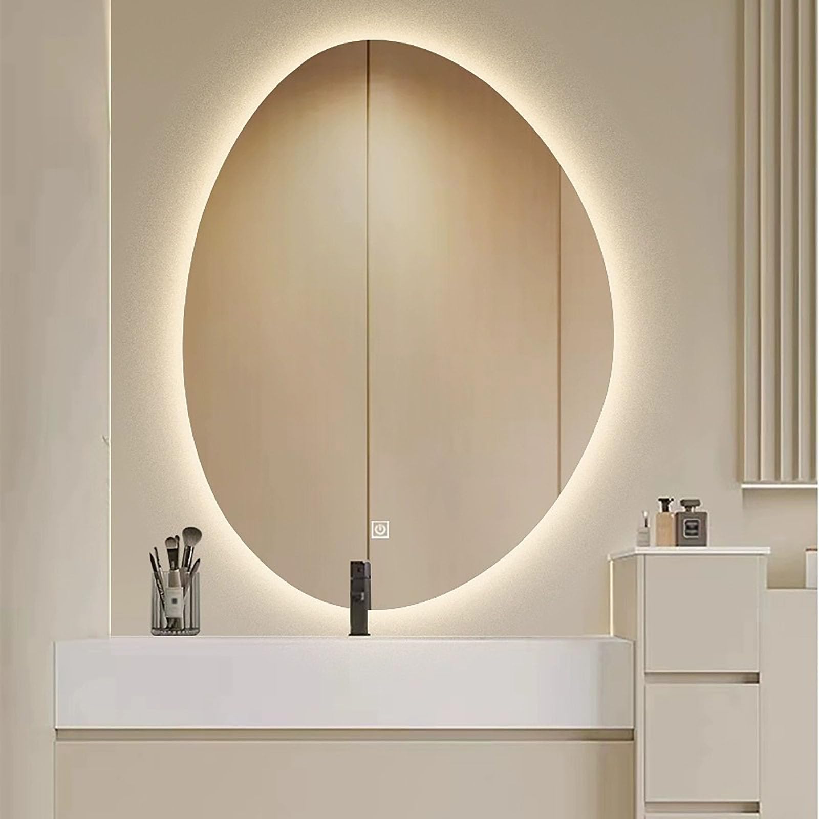 WJFTODAY Smart LED Backlit Oval Mirror, 70x90cm Touch Control, Frameless Vanity Mirror for Bathroom, 3-Color Lighting, Large Wall-Mounted Makeup Mirror