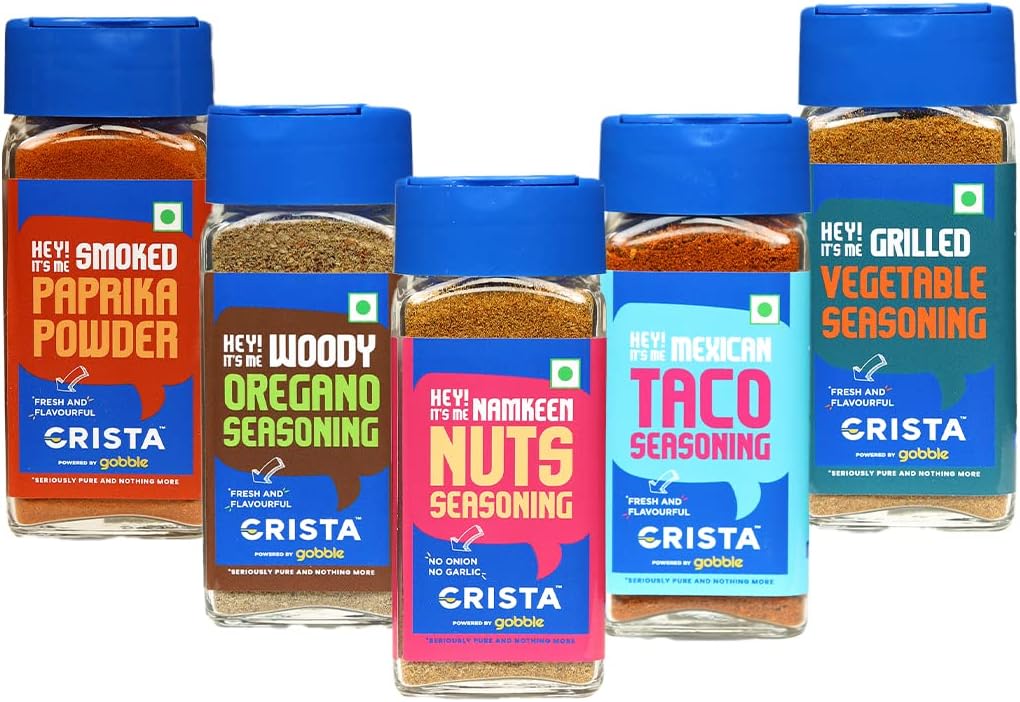 CRISTA International Seasonings Combo - 3 | Paprika Powder x 1, 45 gms | Taco Seasoning x 1, 45 gms | Oregano Seasoning x 1, 50 gms | Grilled Veg Seasoning, 50 gms | Nuts Seasoning 50 gm | Pack of 5