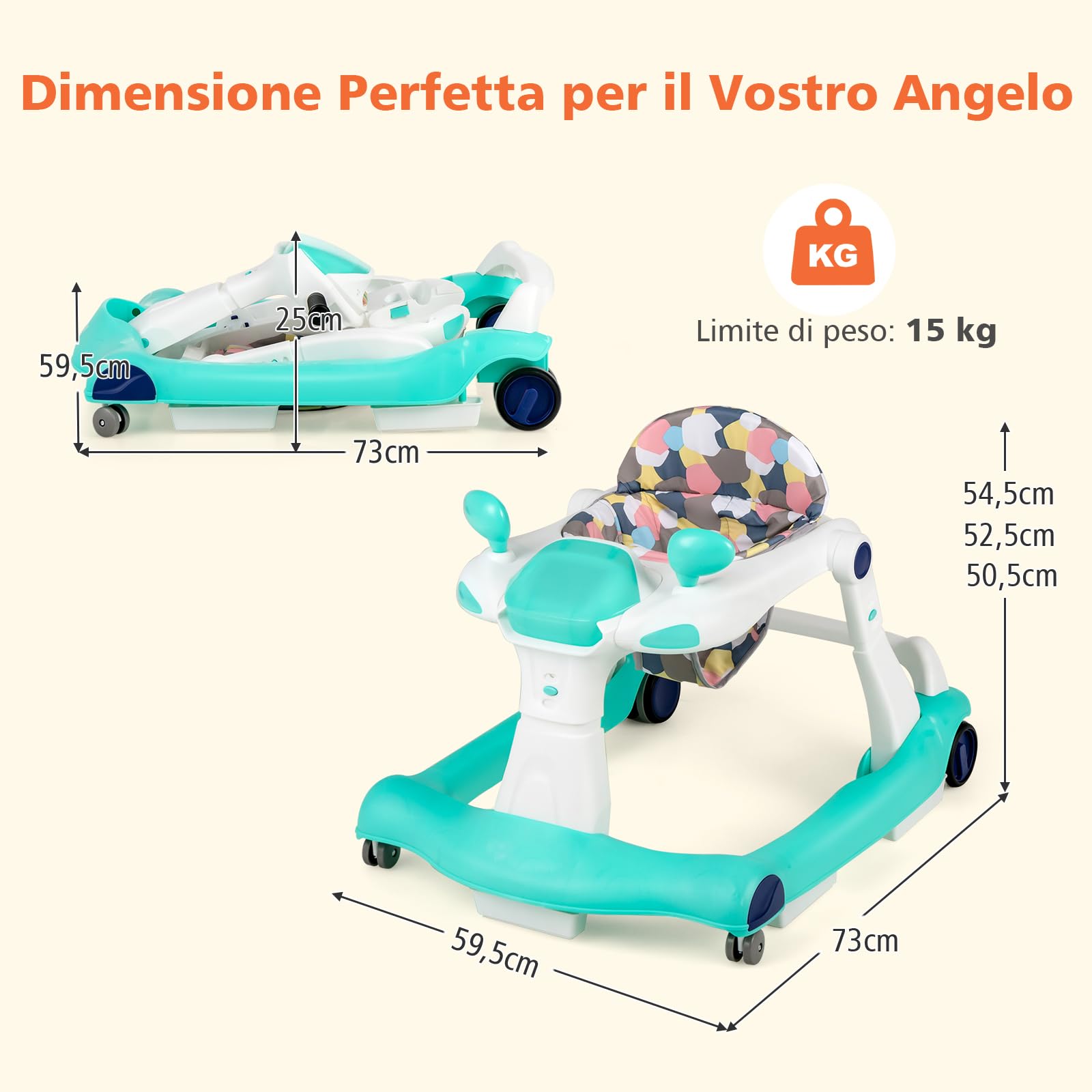 RELAX4LIFE 2 in 1 Girello Neonato 6-18 Mesi, Primi Passi Pieghevole per Bambini con Altezza e Velocità Regolabili, Musica e Luce, Cuscino Rimovibile e Lavabile, Fino a 15 KG (BLU)