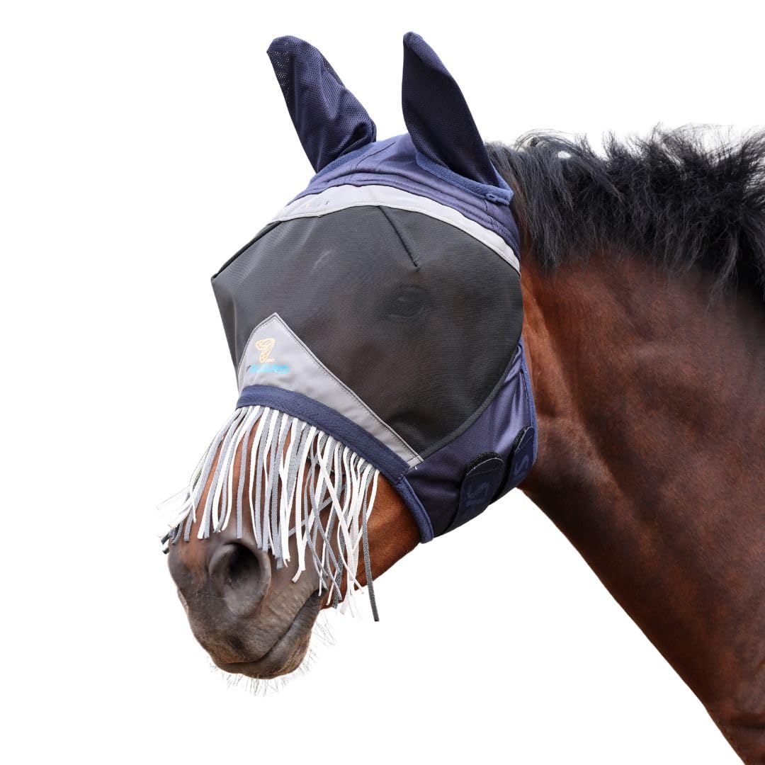 Shires Fine Mesh Fly Mask with Nose Fringe - Navy Blue
