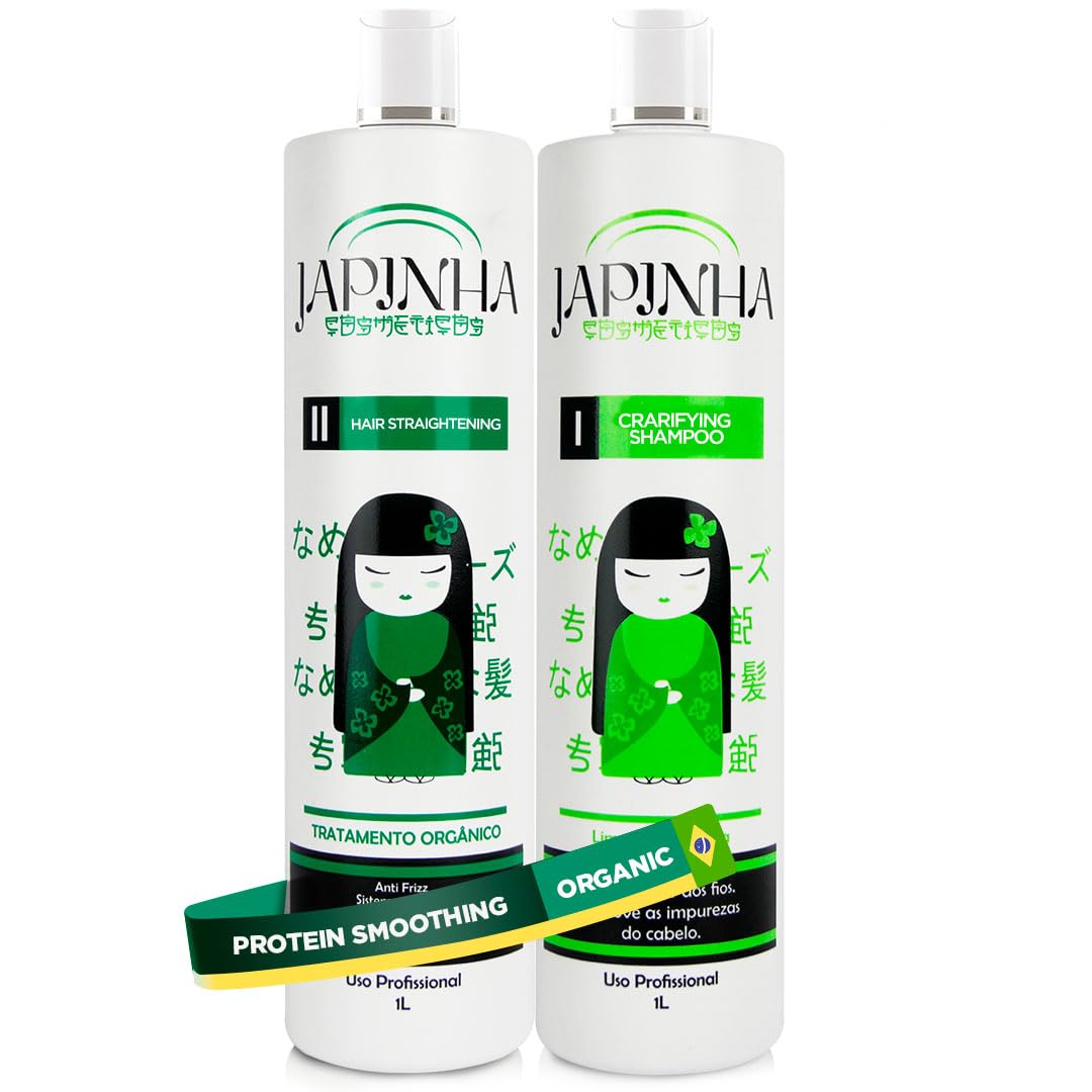Japinha Cosmeticos Brazilian Keratin Hair Treatment Straightening Protein Smmothing at home Professional Blowout effect Formaldehyde Free System - 2x33oz/2x1L