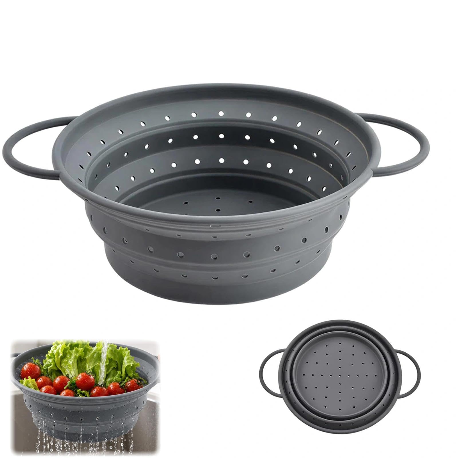 Collapsible Colander, Silicone Kitchen Strainer with Reinforced Frame & Handles, Foldable Sieve for Draining Pasta, Vegetables & Fruits, Space-Saving for RV & Camping
