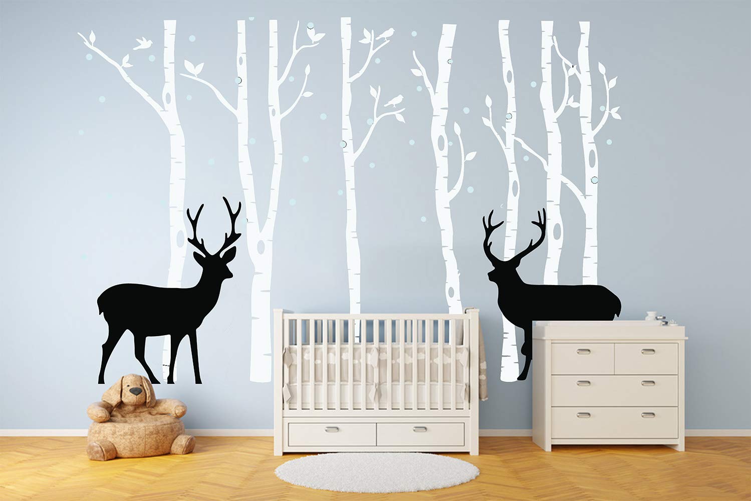 Birch Tree & Deer Wall Decal - Removable Vinyl Sticker For Nursery, Kids Room