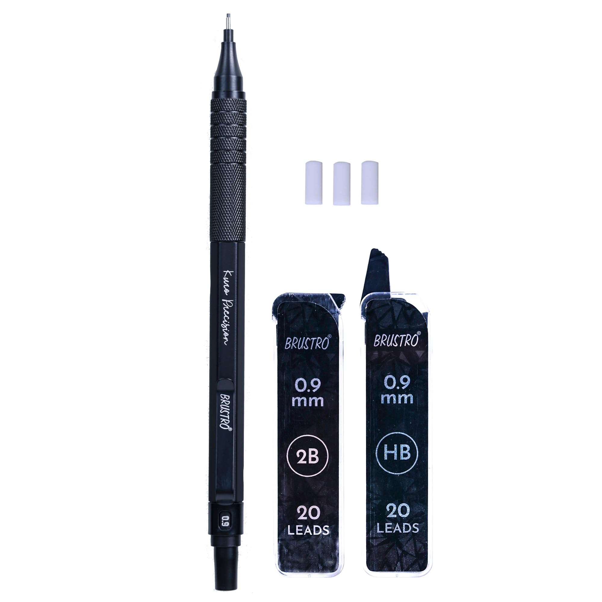 BRUSTRO Kuro Precision Mechanical Pencil | Tip Size - 0.9mm With 20 - HB and 20-2B leads, 3 Eraser Refills| Ideal For Writing, Sketching, Drawing, Mandala Arts and Fine Art Students