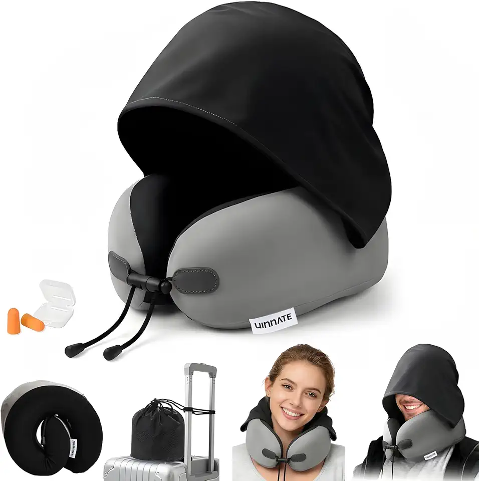 Travesseiro de Viagem, Almofada de Avião com Capuz e Espuma Viscoelástica para Avião, Escritório, Dormir no Carro, Itens Essenciais para Voos Longos, Acessórios Portáteis para Viagens Rodoviárias