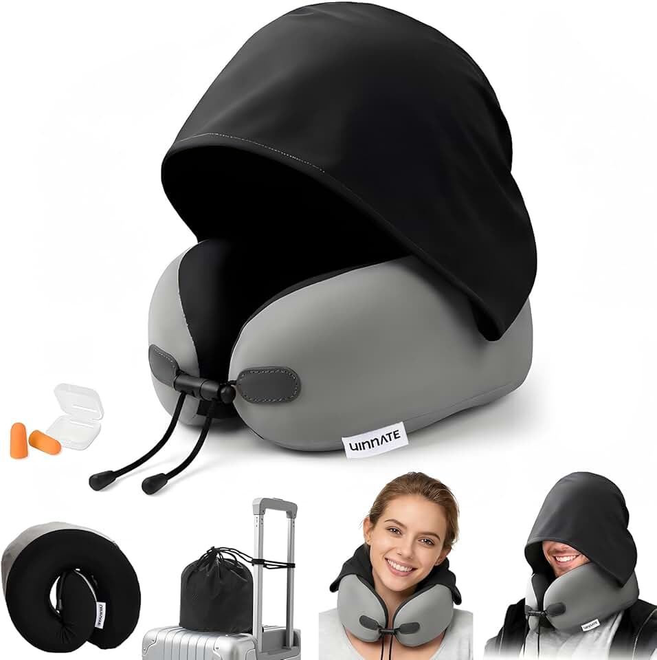 Travesseiro de Viagem, Almofada de Avião com Capuz e Espuma Viscoelástica para Avião, Escritório, Dormir no Carro, Itens Essenciais para Voos Longos, Acessórios Portáteis para Viagens Rodoviárias