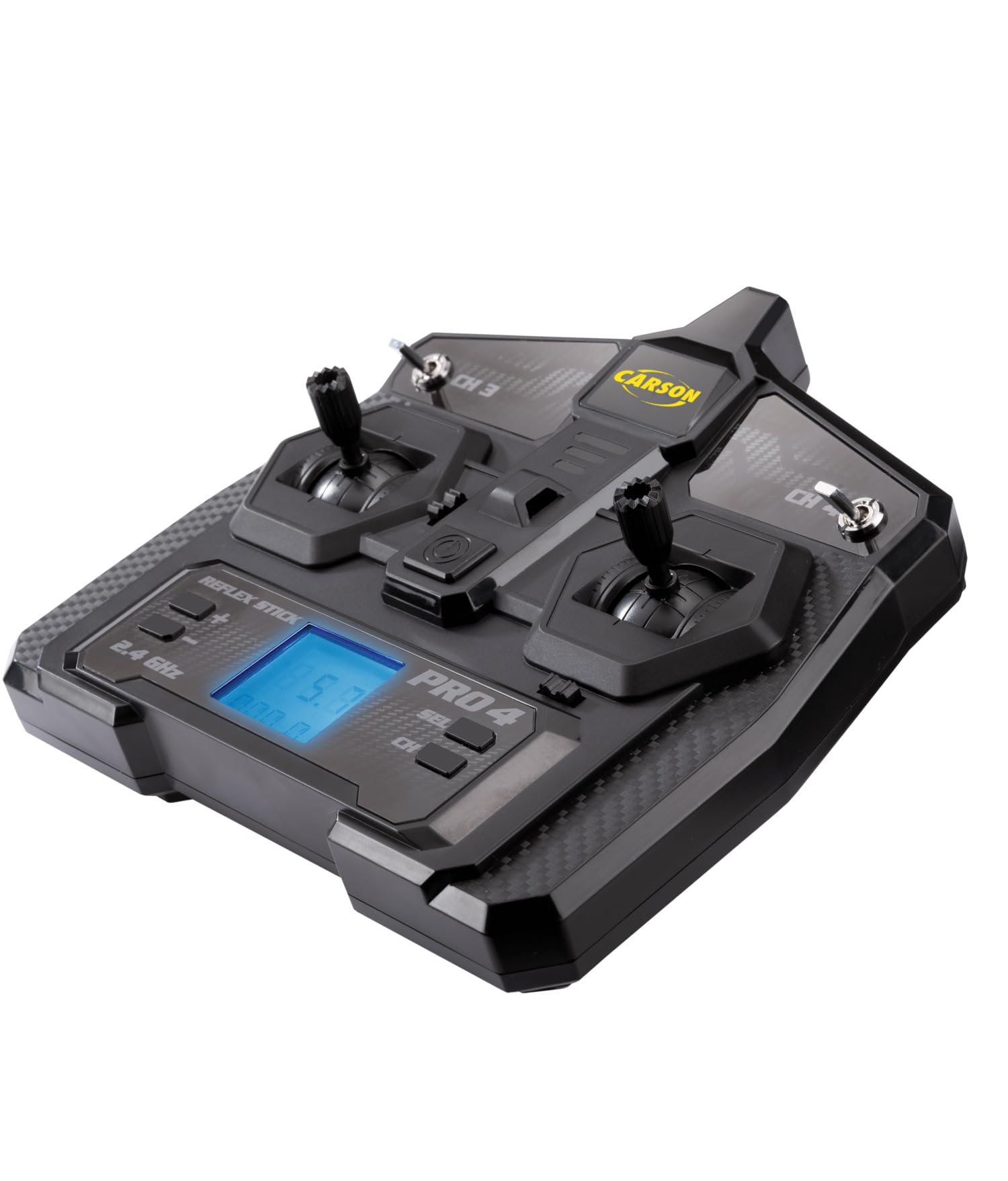 Carson FS 4K Reflex Stick Pro 4 LCD – zdalne sterowanie RC, 4-kanałowy system 2,4 GHz, wyświetlacz LCD, pamięć modelu, Dual Rate, Failsafe, czarny