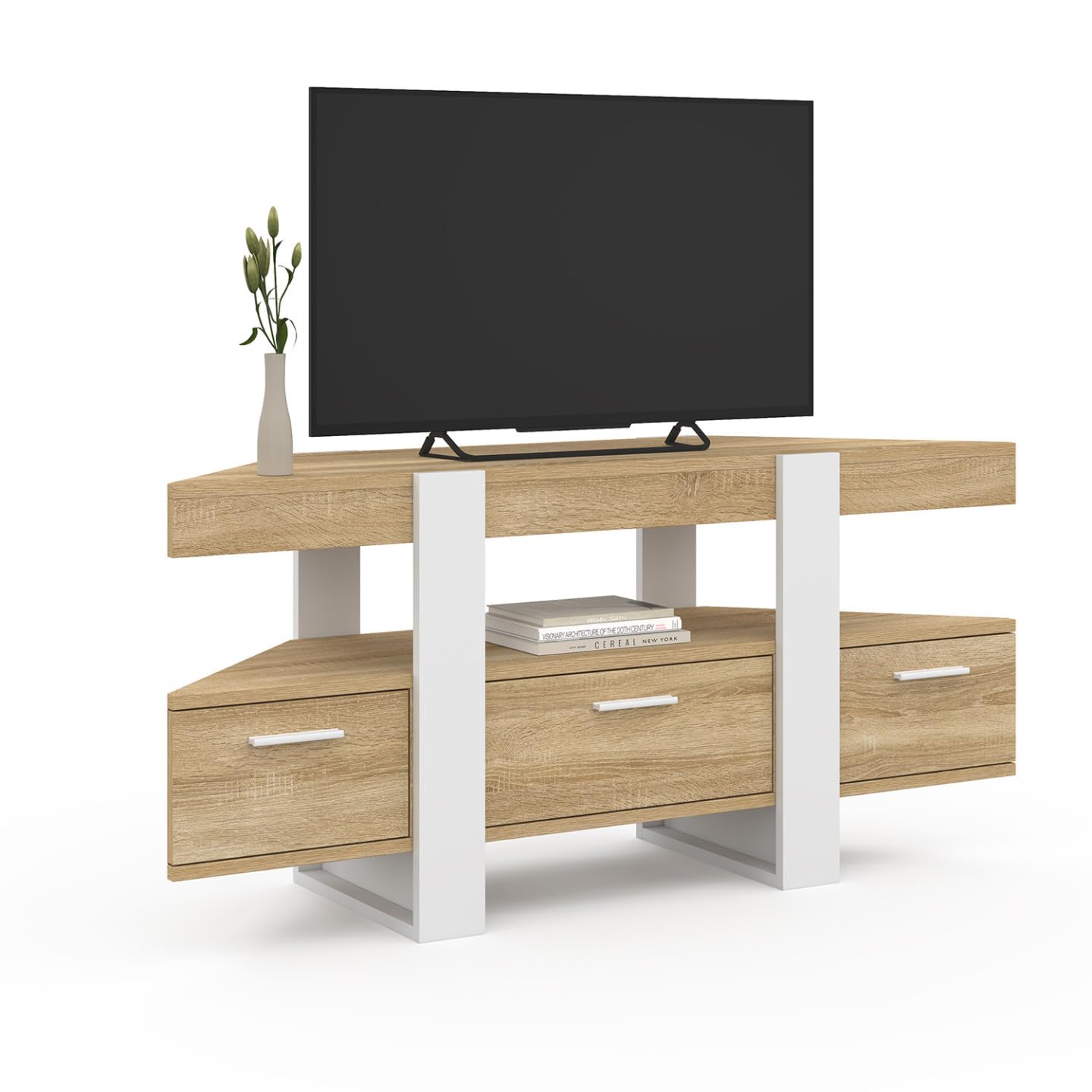 IDMarket - Mobile TV 110 cm angolo Phoenix con cassetto legno e bianco