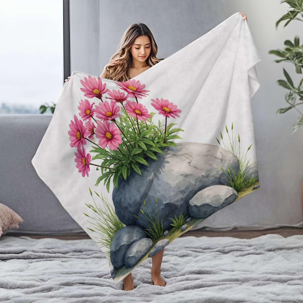 Couverture en flanelle lit 150x200 contre le froid plaid blanc motif rocher fleurs