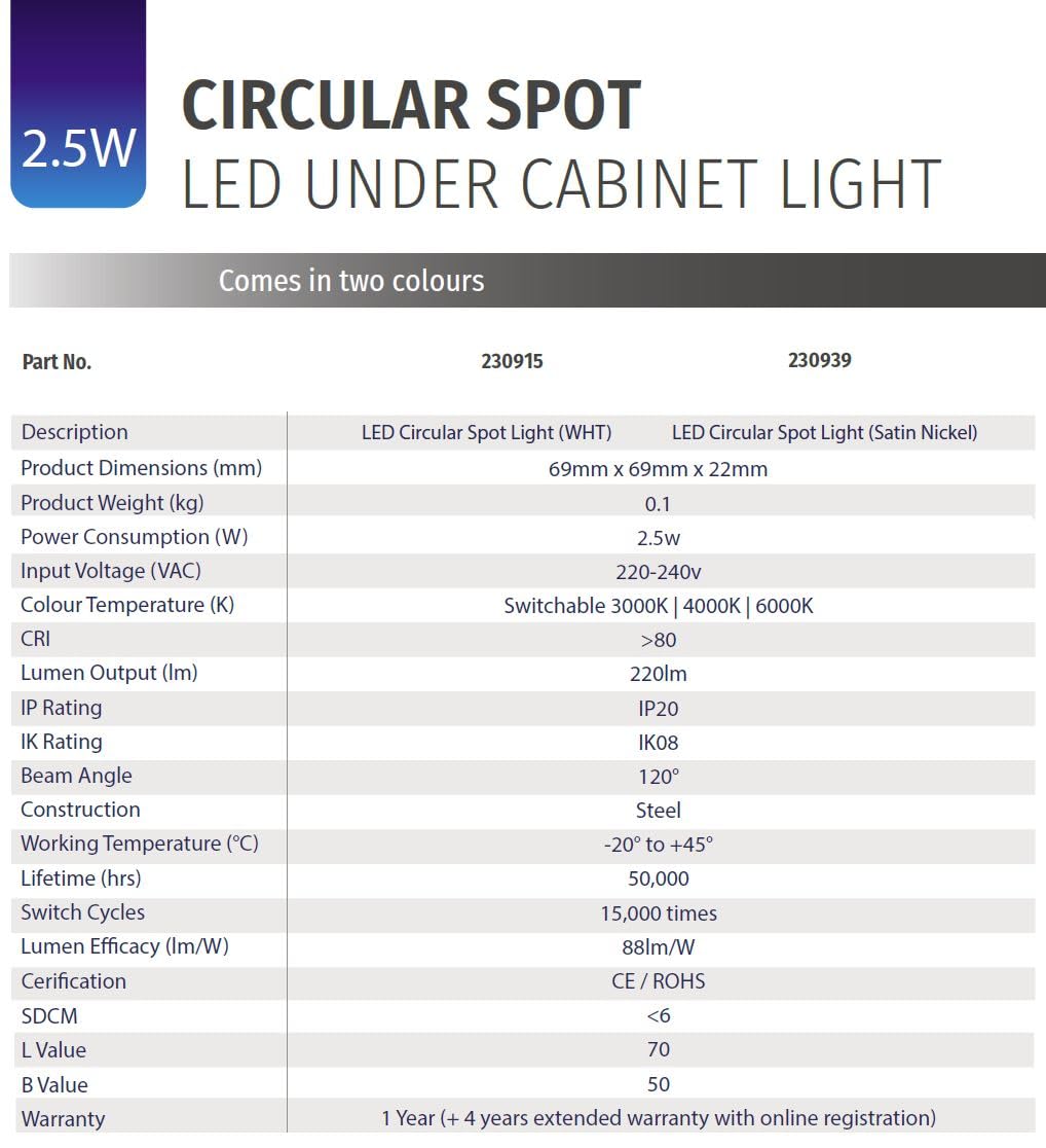Bright Source LED Circular Cabinet Cupboard Unit Shelf Light, Satin Nickel, 2.5W, 220lm, 3CCT Switchable 3000K 4000K 6000K - Image 4