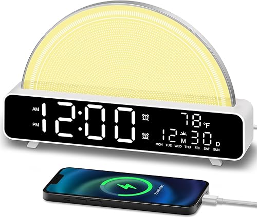 Miniatura 8 de Reloj despertador con simulación de amanecer, luz para despertar con sonido de ruido blanco, control táctil, lámparas de mesita, lámpara con luz