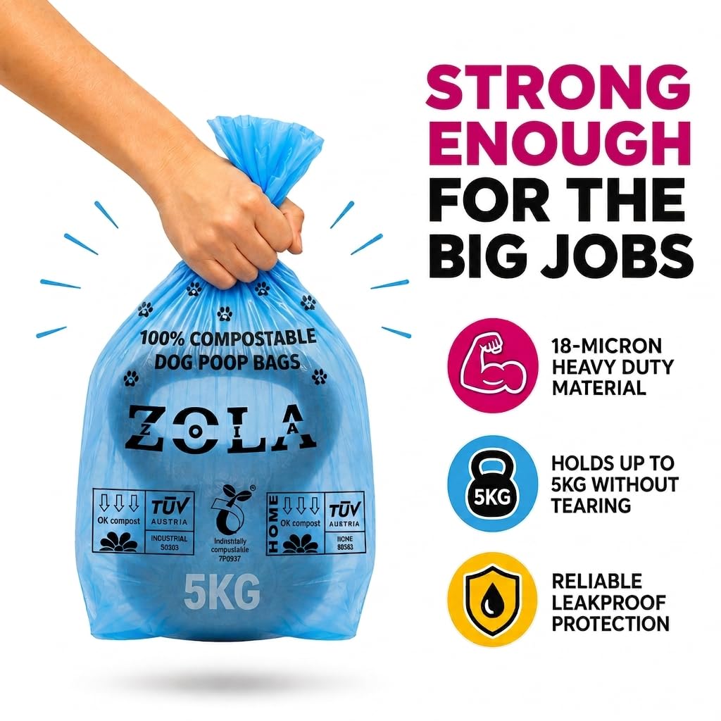 Sacchetti per cani compostabili al 100%, extra forti, a prova di perdite ed ecologici, 240 sacchetti grandi (23 x 32 cm) a base vegetale, certificati TÜV, senza plastica, rotoli blu per