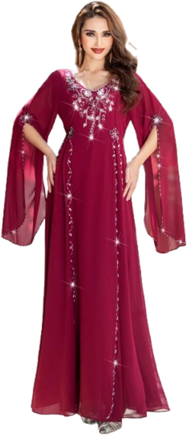 Embellished 1PC abaya dress for women, long Muslim dress with round v neck, Rhinestones & Butterfly Sleeves islamic dresses for Party, Eid and casual wear