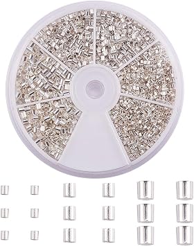 PH PandaHall Crimp Tube Beads, 3000 Pcs 1.5mm 2mm 2.5mm Brass Tube Crimp End Spacer Beads Cord End Caps Loose Stopper Beads for Earring Necklace Pendant DIY Jewelry Gift Making, Silver