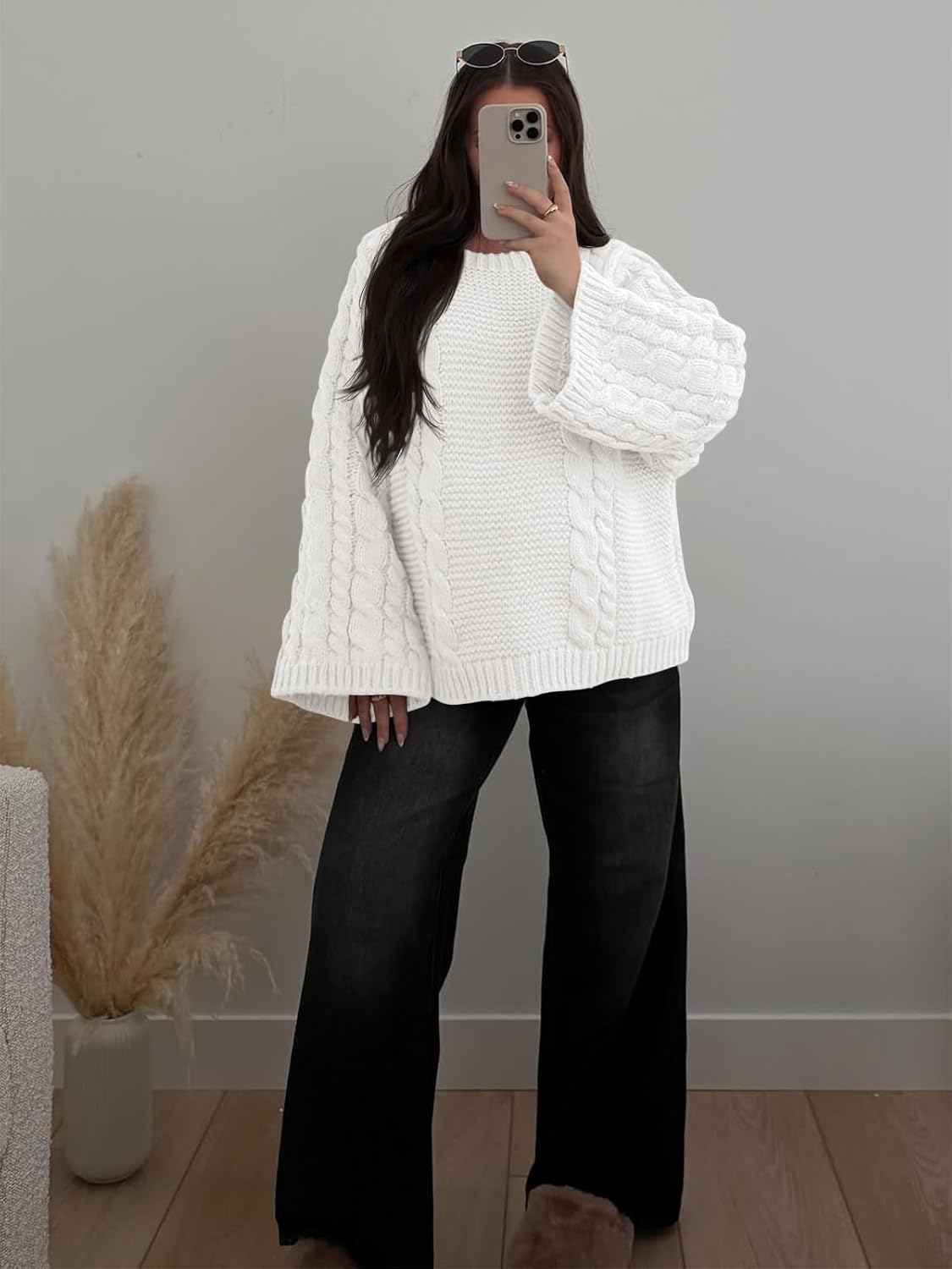 Yousify Womens Oversized Cable Knit Sweaters Long Sleeve Crewneck Casual Fall Chunky Pullover Vintage Loose Fit Sweater Tops
