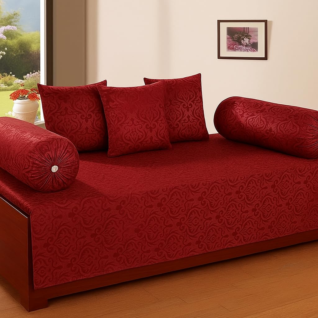 Home Stylish Premium Velvet Diwan Sets - 1 Bedsheets Sheet,2pc Bolster Cover 3pc Cushion Covers Sets of 6 Pieces (Maroon)-picture-33