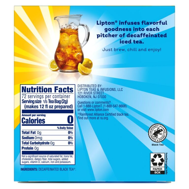 Image of Lipton Decaf Black Iced Tea Bags, Family Size, 144 Count | Makes 1 Qt. of Decaffeinated, Zero Calorie, Rainforest Alliance Certified Premium tea for Hot or Iced Tea (24 Ct. - 6-Pack)