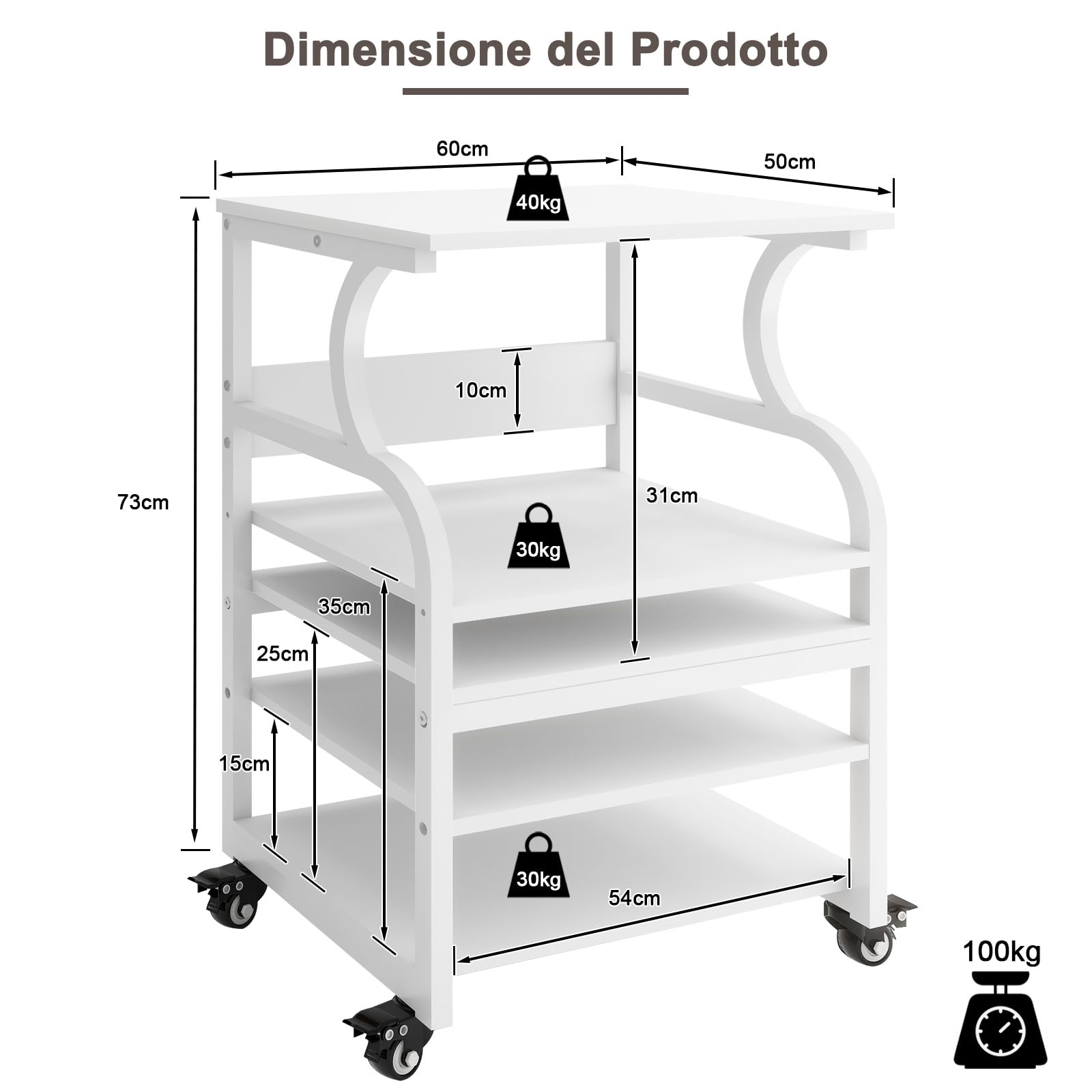 PUNCIA Supporto per Stampante 60x50CM Scaffale per Stampante in Legno Tavolino con Ruote per Documenti Mobiletto per Fotocopiatrice 3D Carrello per Scanner Fax per Ufficio e Casa (Bianco)