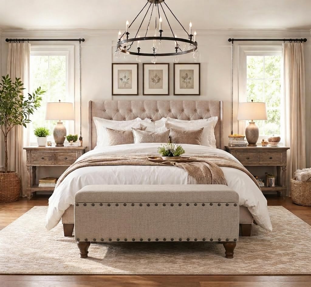HomePop Large Storage Bench with Nailhead Trim - Tan