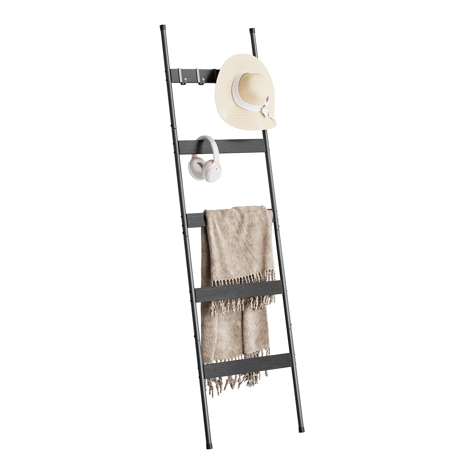 Escalera para manta para sala de estar, soporte de edredón de 5 niveles con 4 ganchos extraíbles para baño, estante de toallas de madera, soporte decorativo inclinado para anclaje de pared para