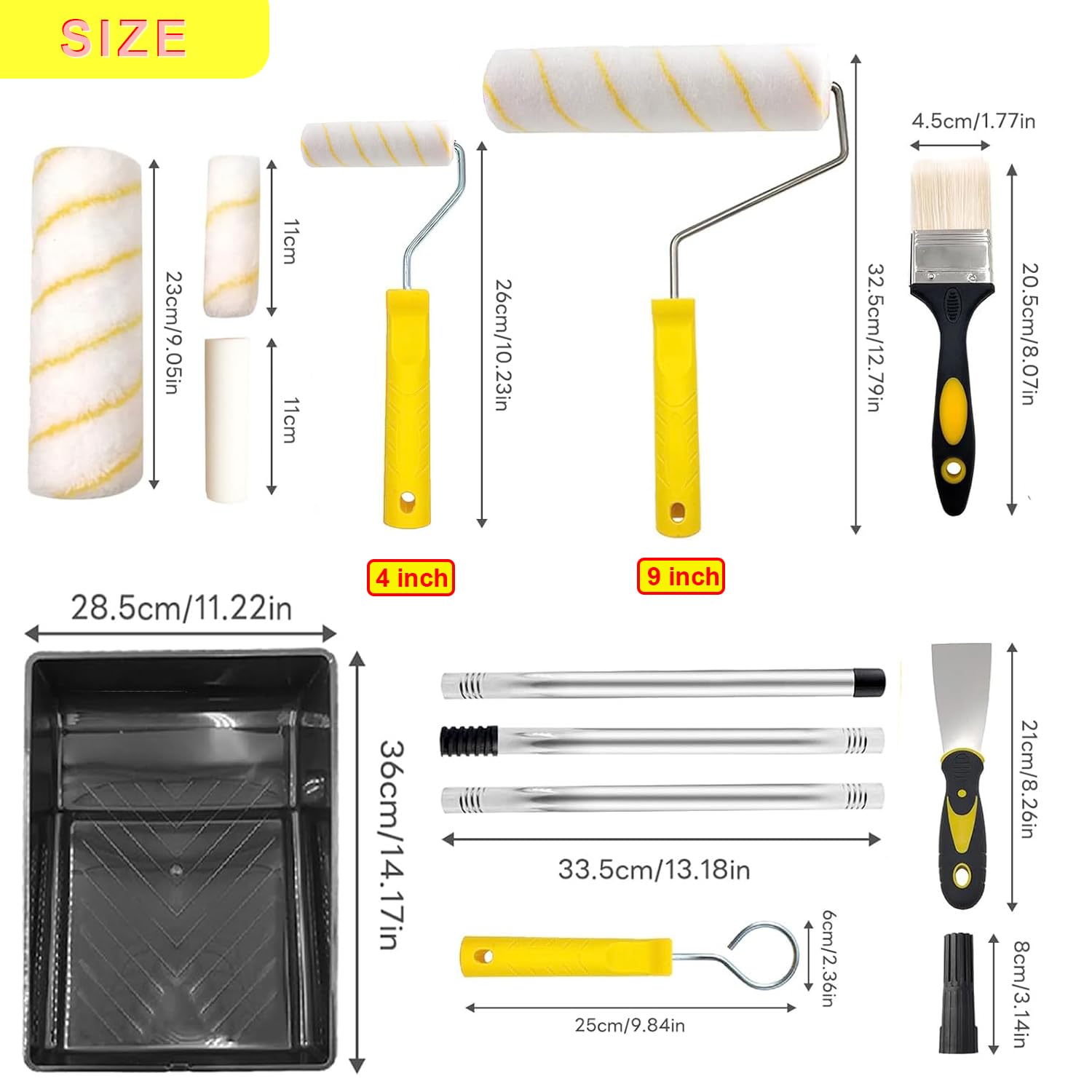 ACEBON Kit de rodillos de pintura profesional de 11 piezas, rodillos de 9 y 4 pulgadas con poste de extensión y bandeja, resistente para paredes, techo, puertas, molduras, cobertura rápida y uniforme