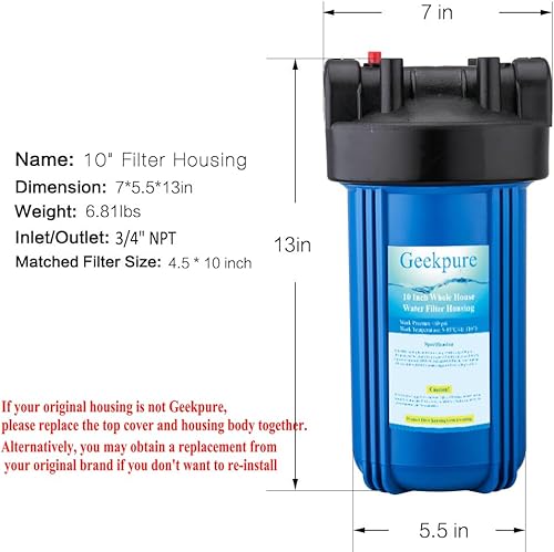 Miniatura 5 de Geekpure Carcasa de filtro de agua para toda la casa de 10 pulgadas con llave y soporte, puerto de 4.5 x 10 pulgadas, 34 pulgadas