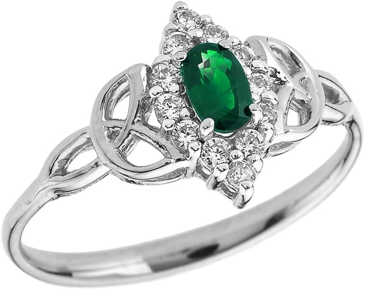 Oval Emerald and Diamond 10k White Gold Trinity Knot Proposal Ring