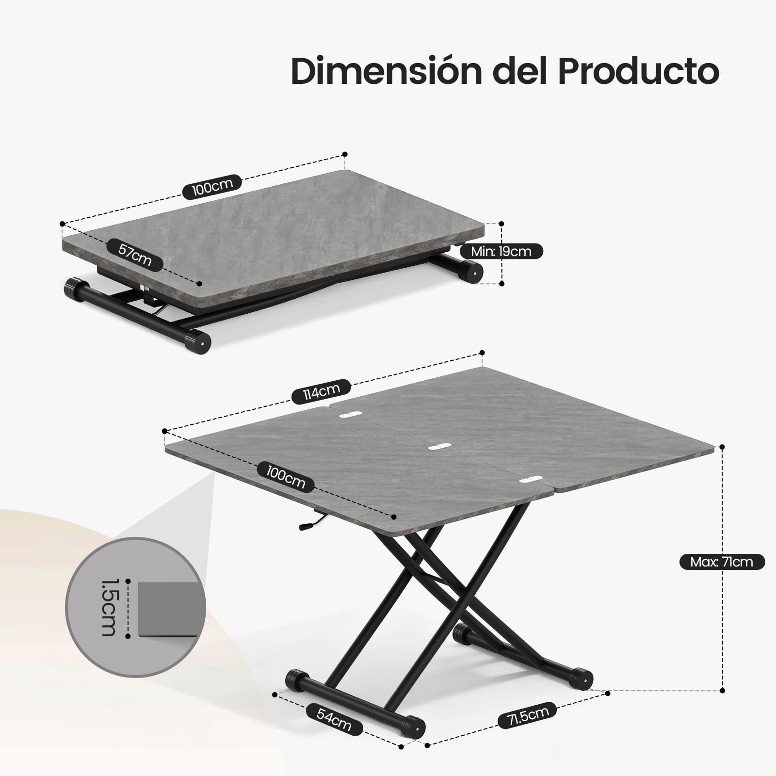 Mesa Elevable y Extensible,Mesa de Centro Funcional para Comedor de Espacio Pequeño, Sala de Estar, Cocina, Sala de Estudio, Gris