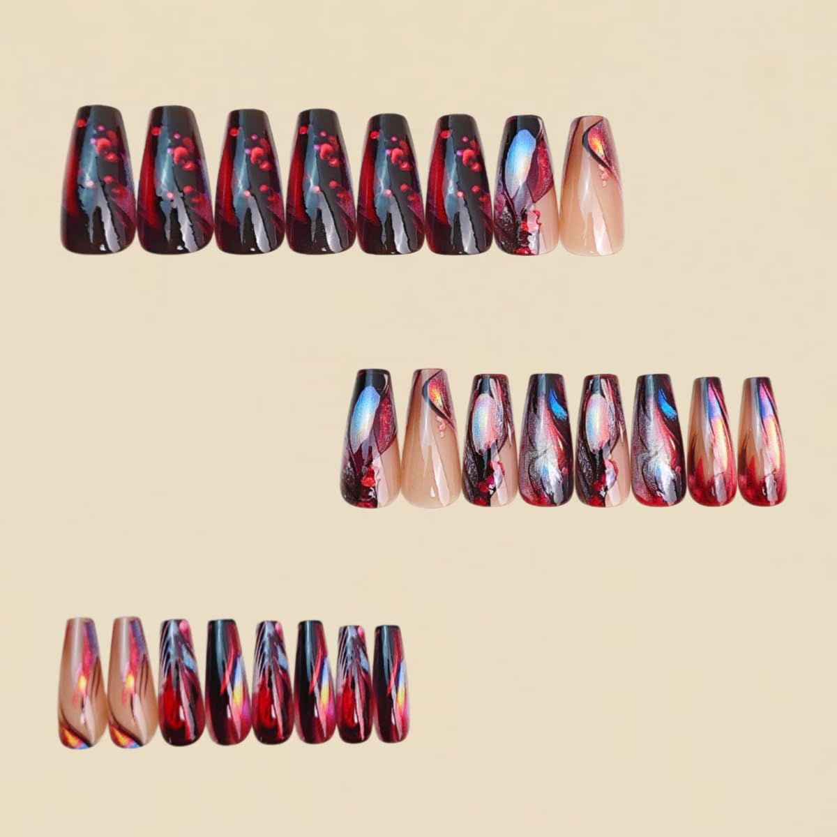 Fall Press on Nails Square Medium Coffin Fake Nails Cute Aurora False Nails Press ons Nail Art Tips with Red Iridescent Glitter Design Acrylic Nails Full Cover Glossy Stick on Nail for Women 24PCS