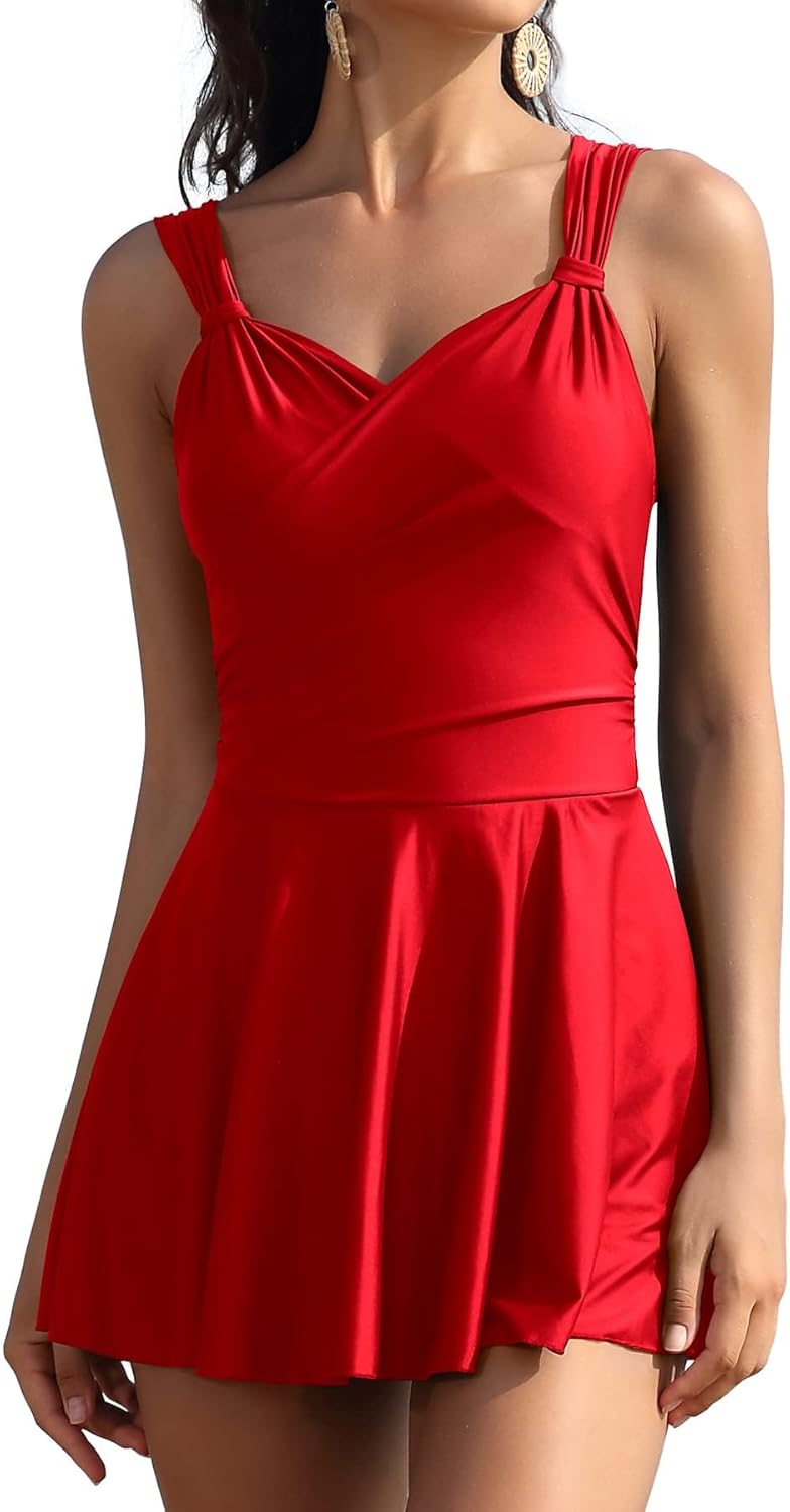 SHEKINI Womens Elegant One Piece Swimdress Tummy Control Crossover Skirted Swimsuit